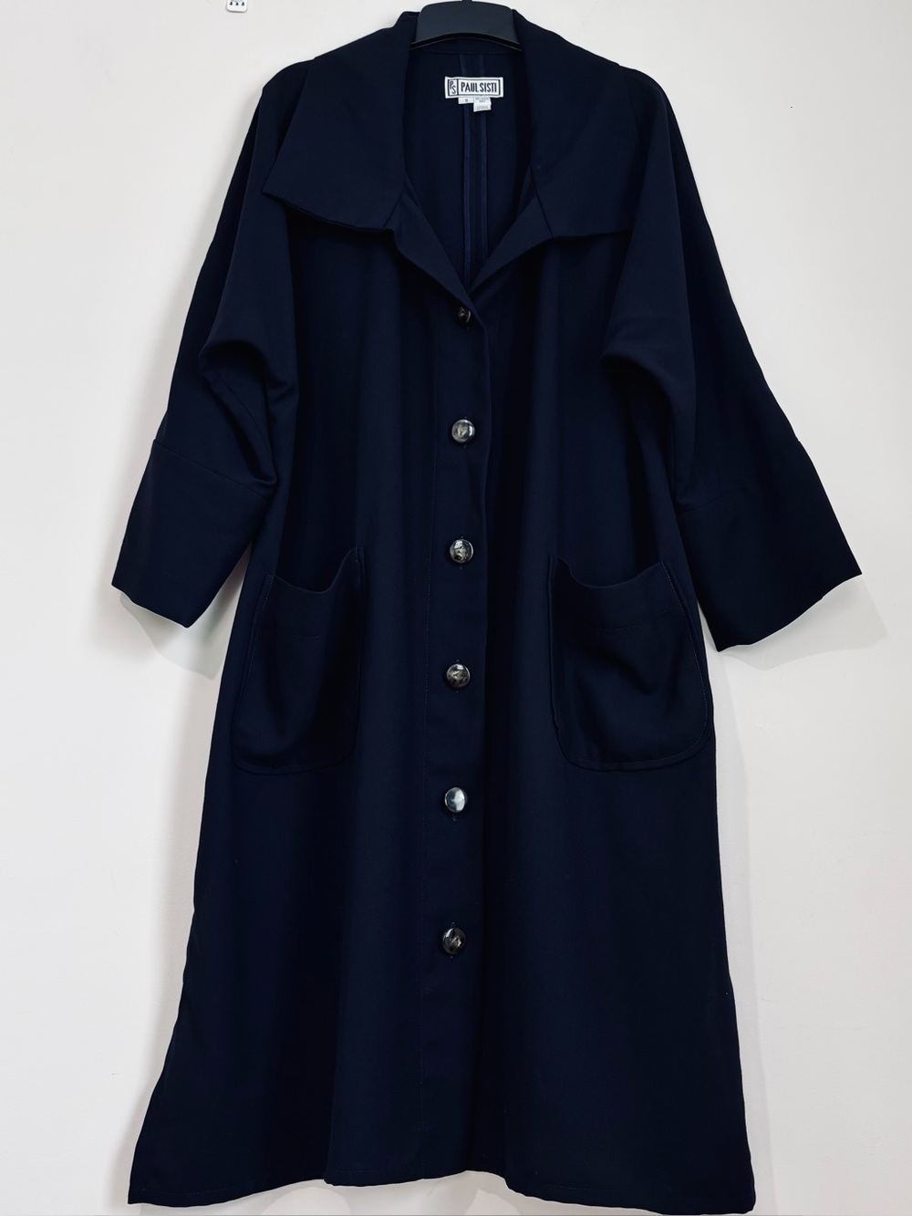 Paul Sisti Vintage oversize artistic dark navy wool button up trench coat jacket